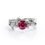 Nature Inspired 1 ct Round Lab-Created Ruby Wedding Set