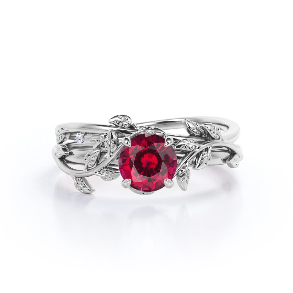 Flawless Nature Inspired 1 carat Round cut Lab-Created Ruby and Diamond Wedding ring set in White Gold