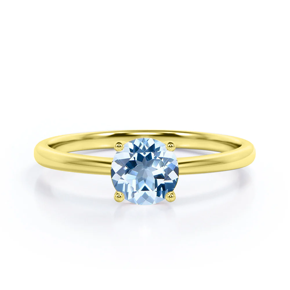 Minimal Solitaire 1 Carat Round Cut Genuine Sky Blue Aquamarine Engagement Ring for Her