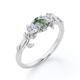 0.8 Ct Round Green Moss Agate 3-Stone Leaf Engagement Ring
