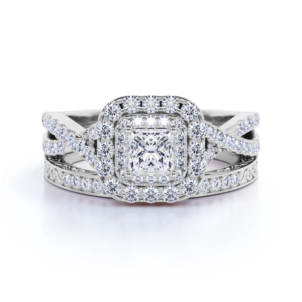 1.25 Ct Princess Moissanite Double Halo Bridal Set