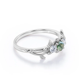 0.8 Ct Round Green Moss Agate 3-Stone Leaf Engagement Ring