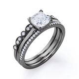 Artdeco  2 Carat Princess cut Moissanite Trio Wedding Bridal Ring Set in 18k White Gold Over Silver