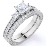 1.25 ct - Princess Cut Moissanite - Pave - Three Stone Ring - Victorian Style - Vintage Wedding Ring Set