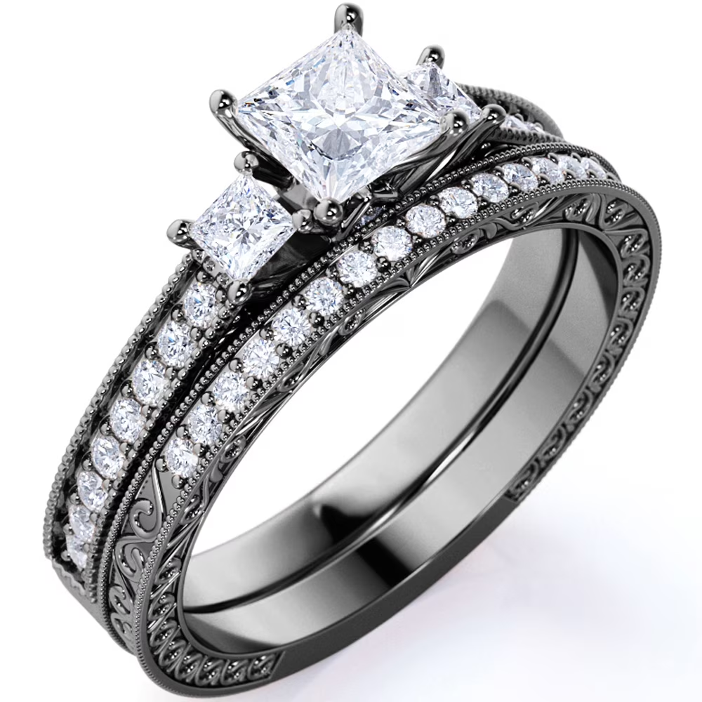 1.25 ct - Princess Cut Moissanite - Pave - Three Stone Ring - Victorian Style - Vintage Wedding Ring Set in 18K Rose Gold over Silver