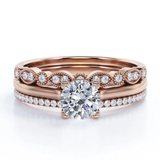 Antique 2 Carat Round Moissanite Pave Trio Ring Set