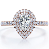 Certified Pave Style 1.25 Carat Pear-Shaped Moissanite Double Halo Cluster Engagement Ring in 18K Rose Gold Plating over Silver