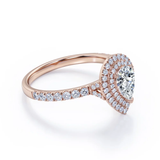 Certified Pave Style 1.25 Carat Pear-Shaped Moissanite Double Halo Cluster Engagement Ring in 18K Rose Gold Plating over Silver