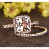 Art Deco 1.50 ct Princess Morganite Halo Bridal Set
