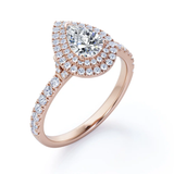 1.5 Carat Pear Cut Moissanite - Duo Halo Setting - Pave Design Engagement Ring - 18K Rose Gold Plating over Silver