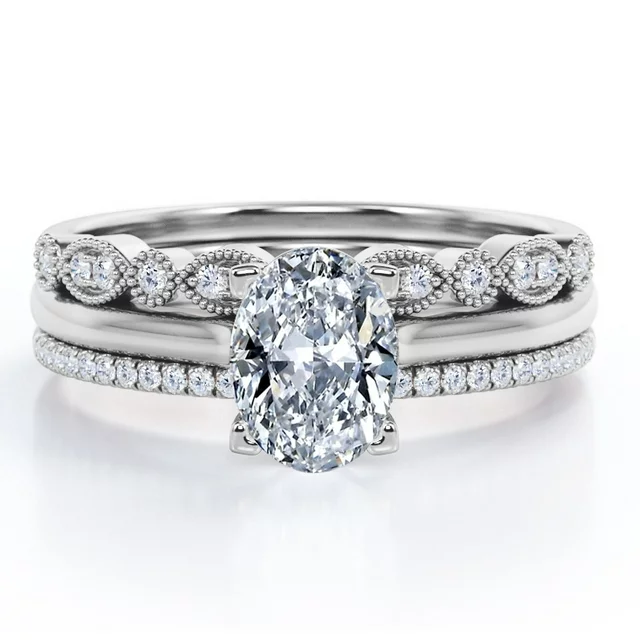 Solitaire 2 Carat Oval Cut Moissanite Art Deco Trio Set