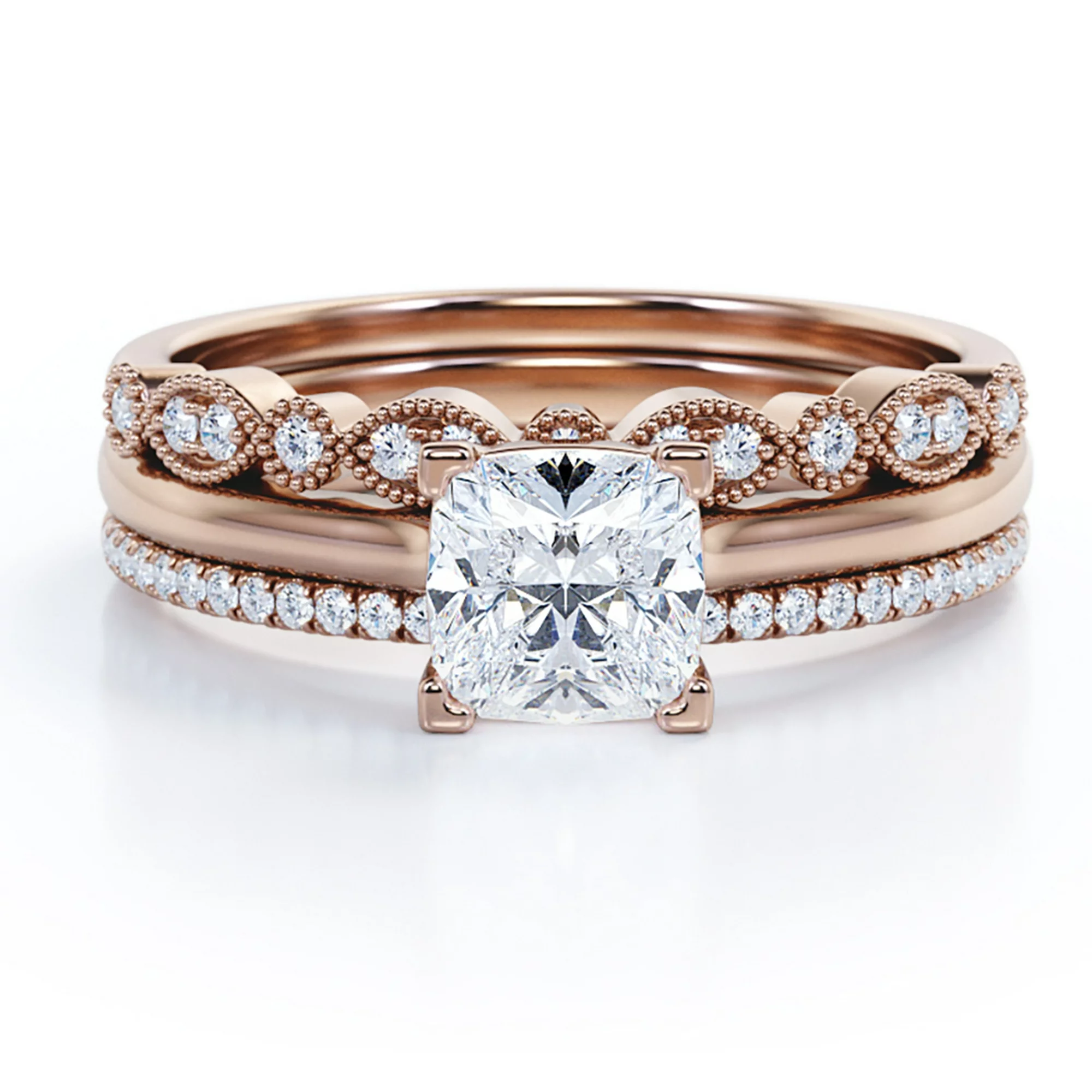 Art Deco 2 Carat Cushion Cut Moissanite Trio Set