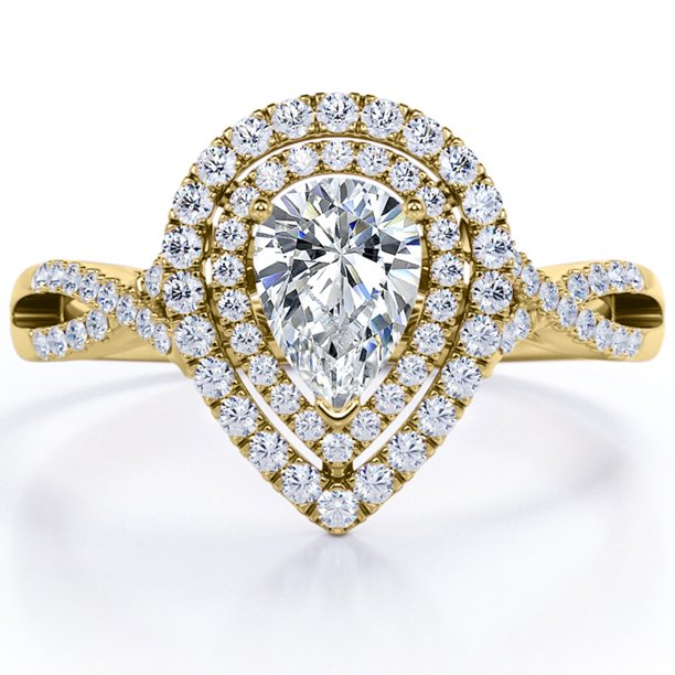 Certified - 1.25 Carat Pear Shape Moissanite - Infinity Twisted Shank - Duo Halo Cluster Engagement Ring - 18K White Gold Plating over Silver