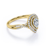 Certified - 1.25 Carat Pear Shape Moissanite - Infinity Twisted Shank - Duo Halo Cluster Engagement Ring - 18K White Gold Plating over Silver