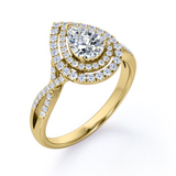 Certified - 1.25 Carat Pear Shape Moissanite - Infinity Twisted Shank - Duo Halo Cluster Engagement Ring - 18K White Gold Plating over Silver