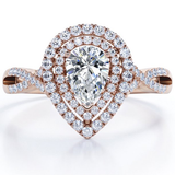 Certified - 1.25 Carat Pear Shape Moissanite - Infinity Twisted Shank - Duo Halo Cluster Engagement Ring - 18K White Gold Plating over Silver