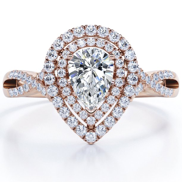 Certified - 1.25 Carat Pear Shape Moissanite - Infinity Twisted Shank - Duo Halo Cluster Engagement Ring - 18K White Gold Plating over Silver