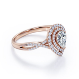 Certified - 1.25 Carat Pear Shape Moissanite - Infinity Twisted Shank - Duo Halo Cluster Engagement Ring - 18K White Gold Plating over Silver