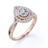 Certified - 1.25 Carat Pear Shape Moissanite - Infinity Twisted Shank - Duo Halo Cluster Engagement Ring - 18K White Gold Plating over Silver