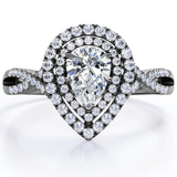 Certified - 1.25 Carat Pear Shape Moissanite - Infinity Twisted Shank - Duo Halo Cluster Engagement Ring - 18K White Gold Plating over Silver