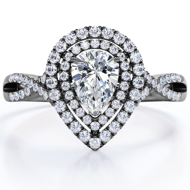 Certified - 1.25 Carat Pear Shape Moissanite - Infinity Twisted Shank - Duo Halo Cluster Engagement Ring - 18K White Gold Plating over Silver