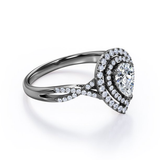 Certified - 1.25 Carat Pear Shape Moissanite - Infinity Twisted Shank - Duo Halo Cluster Engagement Ring - 18K White Gold Plating over Silver