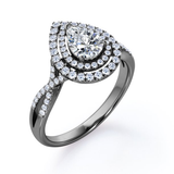 Certified - 1.25 Carat Pear Shape Moissanite - Infinity Twisted Shank - Duo Halo Cluster Engagement Ring - 18K White Gold Plating over Silver