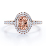 Pave Accented Band 1.75 Carat Ovate created morganite and Moissanite Double Halo Engagement Ring in 18K Rose Gold Plating over Silver