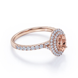 Pave Accented Band 1.75 Carat Ovate created morganite and Moissanite Double Halo Engagement Ring in 18K Rose Gold Plating over Silver