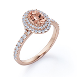 Pave Accented Band 1.75 Carat Ovate created morganite and Moissanite Double Halo Engagement Ring in 18K Rose Gold Plating over Silver