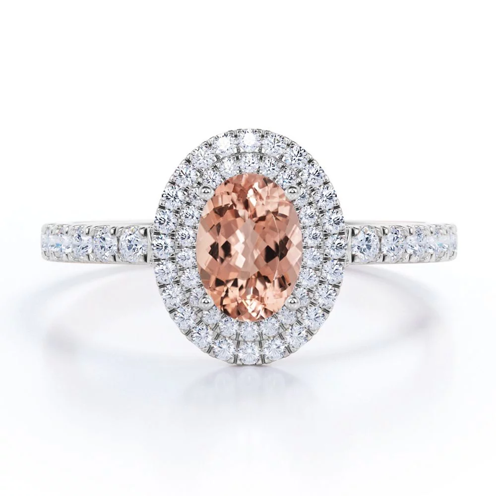 Pave Accented Band 1.75 Carat Ovate created morganite and Moissanite Double Halo Engagement Ring in 18K Rose Gold Plating over Silver