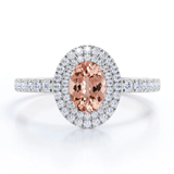 Pave Accented Band 1.75 Carat Ovate created morganite and Moissanite Double Halo Engagement Ring in 18K Rose Gold Plating over Silver