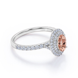 Pave Accented Band 1.75 Carat Ovate created morganite and Moissanite Double Halo Engagement Ring in 18K Rose Gold Plating over Silver