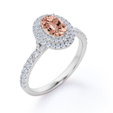 Pave Accented Band 1.75 Carat Ovate created morganite and Moissanite Double Halo Engagement Ring in 18K Rose Gold Plating over Silver