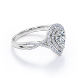 Certified - 1.25 Carat Pear Shape Moissanite - Infinity Twisted Shank - Duo Halo Cluster Engagement Ring - 18K White Gold Plating over Silver