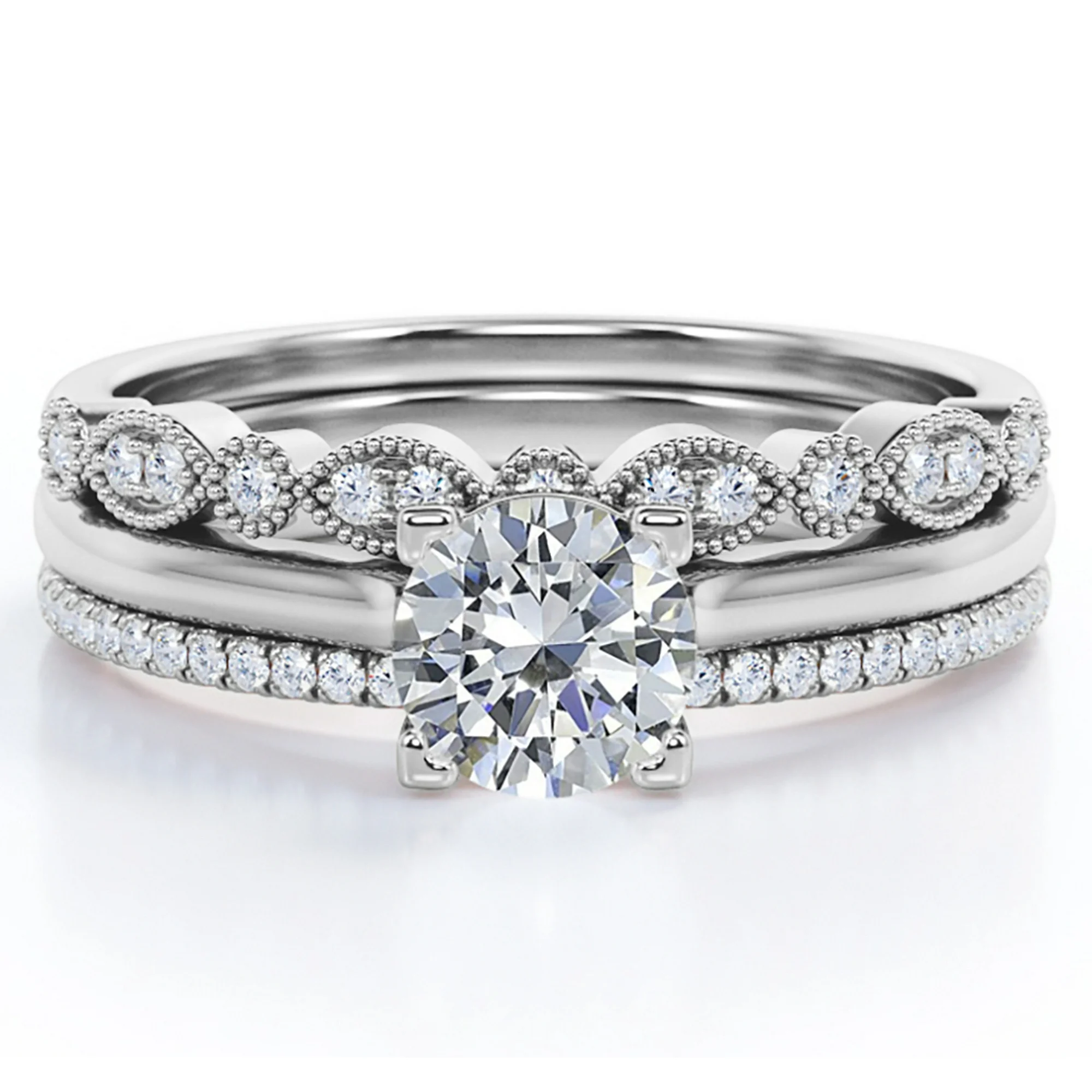 Antique 2 Carat Round Moissanite Pave Trio Ring Set