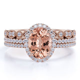 Flawless 1.5 Carat Oval Cut Peach Morganite and Diamond Wedding Ring Set in 10k Rose Gold Hand Made