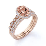 Flawless 1.5 Carat Oval Cut Peach Morganite and Diamond Wedding Ring Set in 10k Rose Gold Hand Made