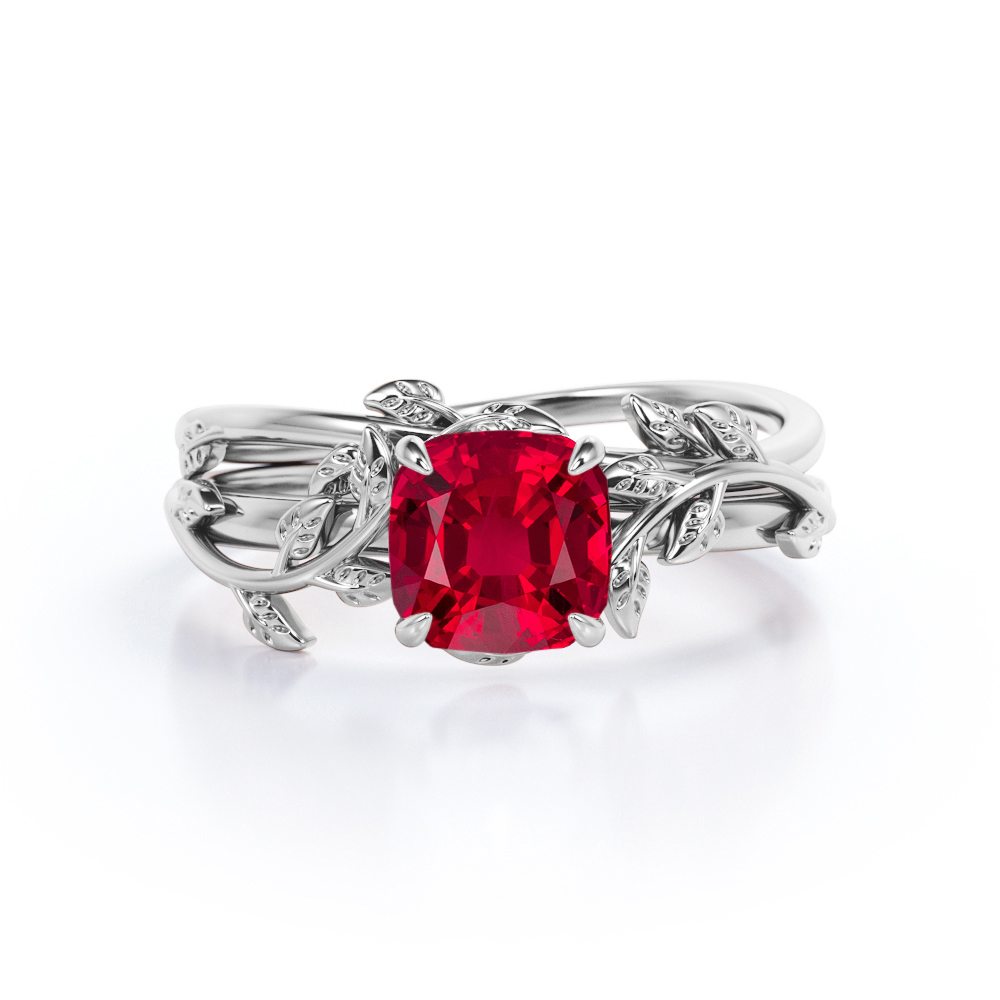 Floral 1 ct Cushion Lab-Created Ruby Solitaire Bridal Set