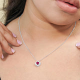 Beautiful 1.15 Carat Flower Halo Round Shaped - Ruby - July Birthstone Pendant Necklace in 18K White Gold over Silver