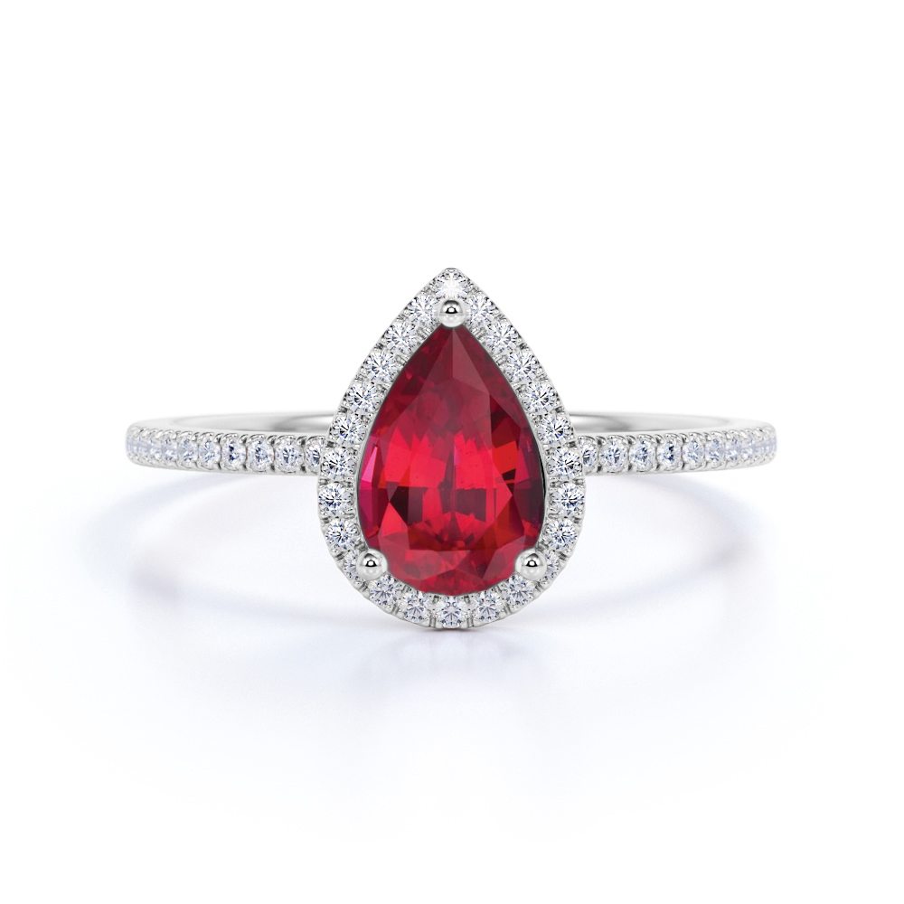 Pave 1.25 Carat Pear Cut Lab-Created Ruby and Diamond Classic Engagement Ring in White Gold