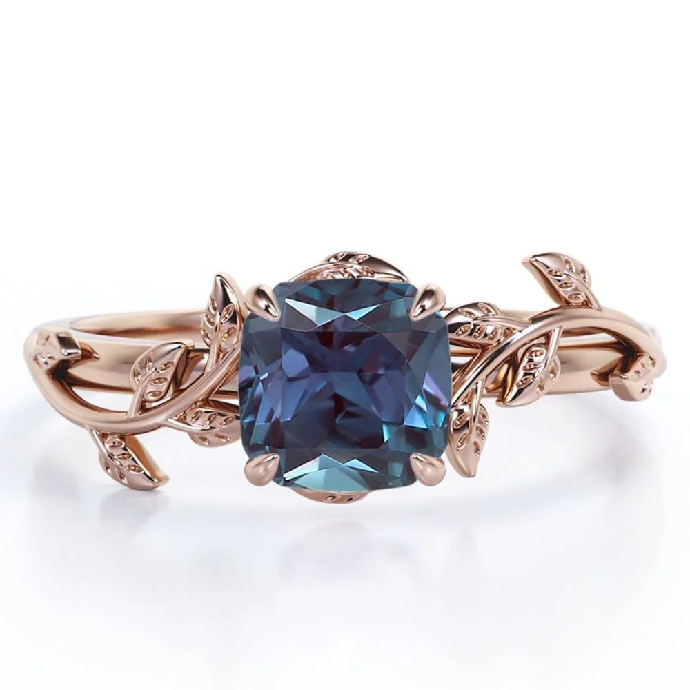 1 Ct Cushion Lab Alexandrite Nature-Inspired Engagement Ring