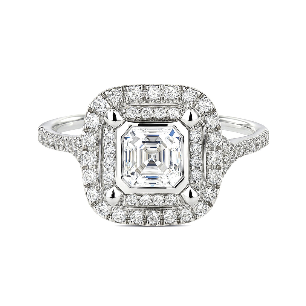 1 Ct Asscher Cut Double Halo Moissanite Engagement Ring