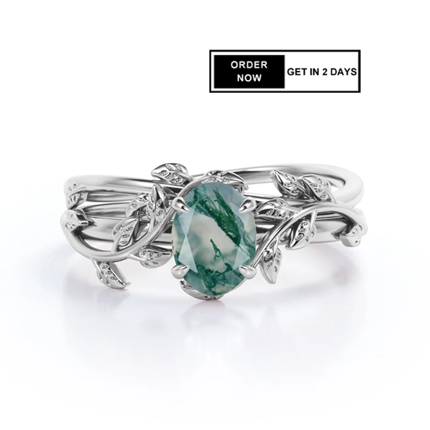 1.3 Ct Oval Green Moss Agate Vine Bridal Set