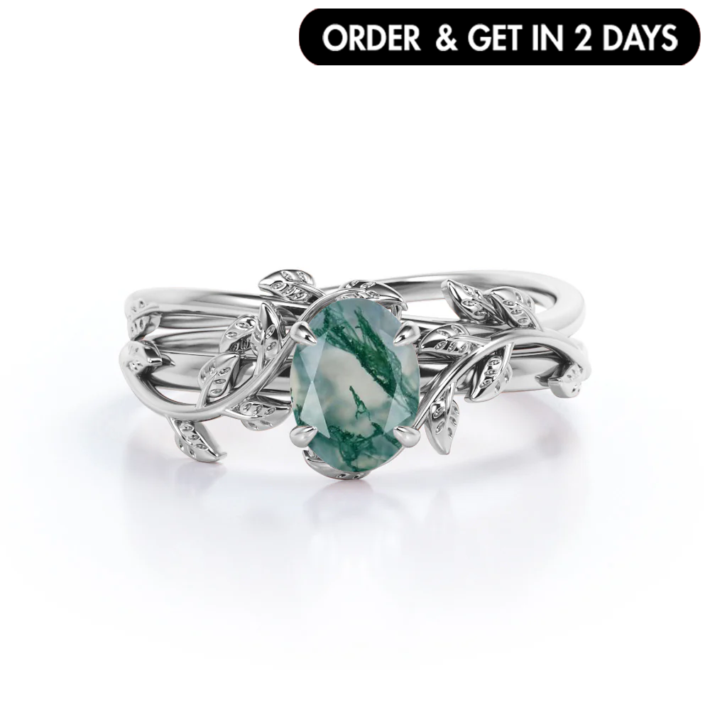 1.3 Ct Oval Green Moss Agate Vine Bridal Set