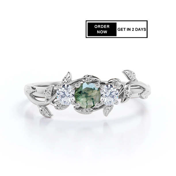 0.8 Ct Round Green Moss Agate 3-Stone Leaf Engagement Ring