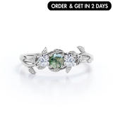 0.8 Ct Round Green Moss Agate 3-Stone Leaf Engagement Ring