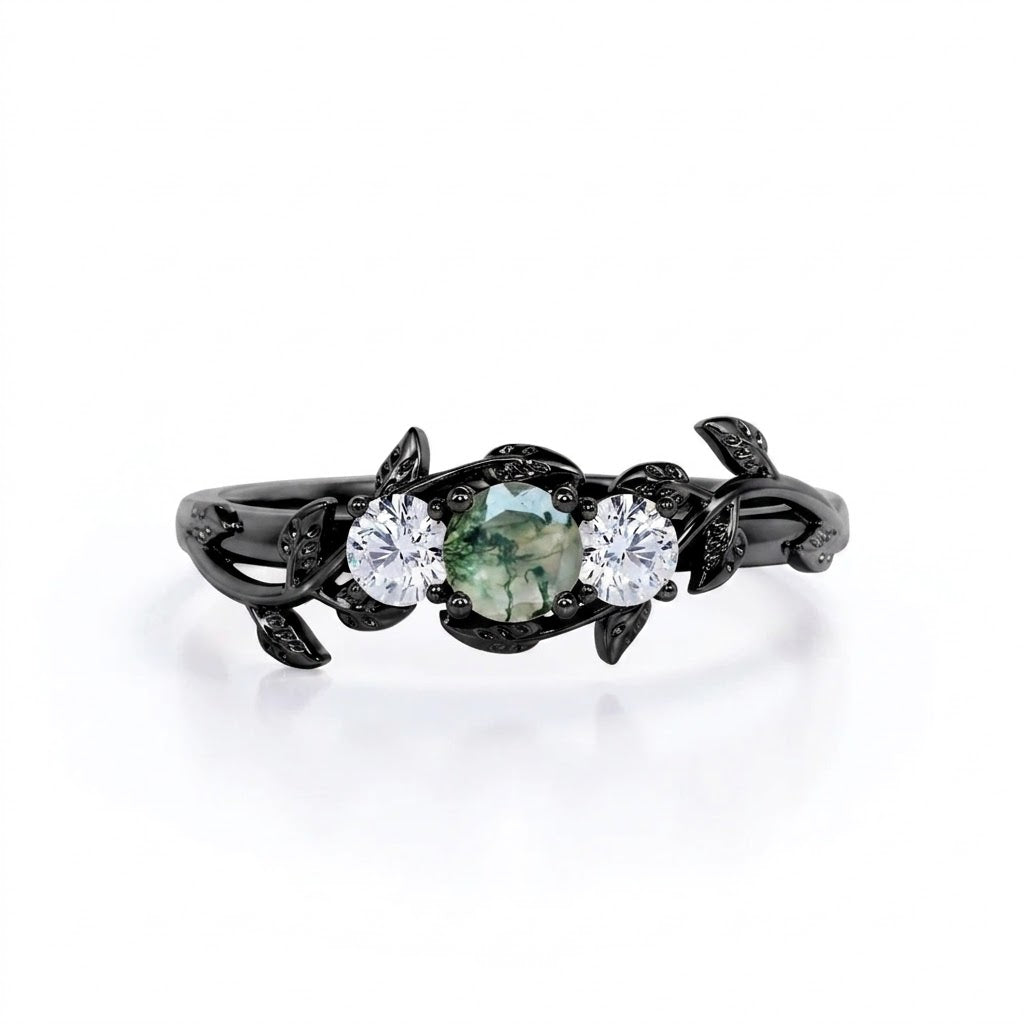 Leafy 1 Carat Round Moss Agate Three Stone Engagement Ring