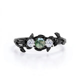 Leafy 1 Carat Round Moss Agate Three Stone Engagement Ring