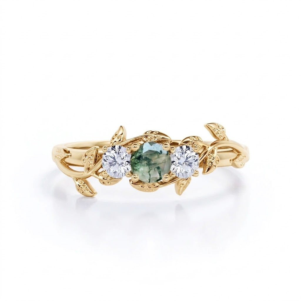 Leafy 1 Carat Round Moss Agate Three Stone Engagement Ring